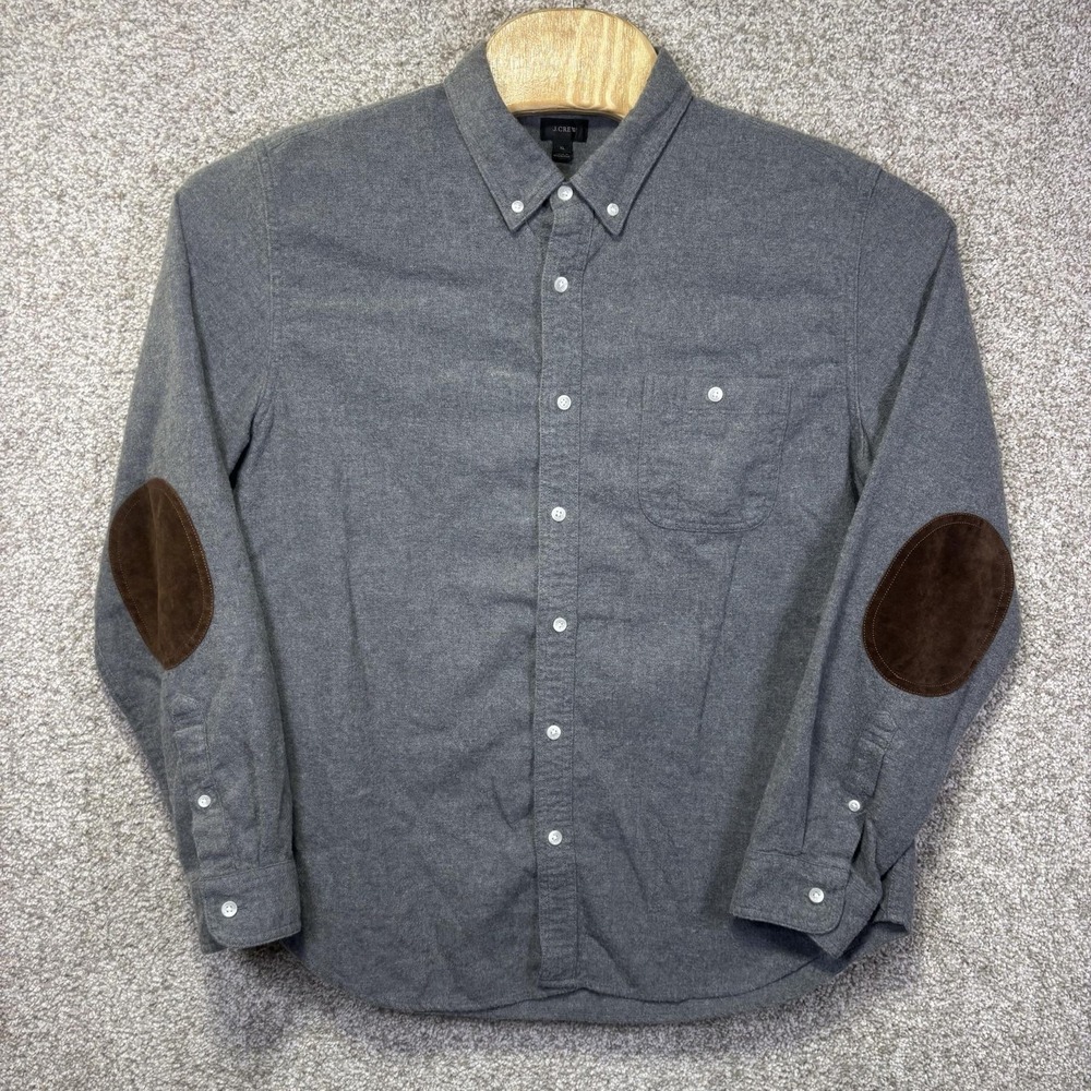 J.Crew Shirt Mens XL Gray Solid Flannel Long Sleeve Button Down Elbow Patch